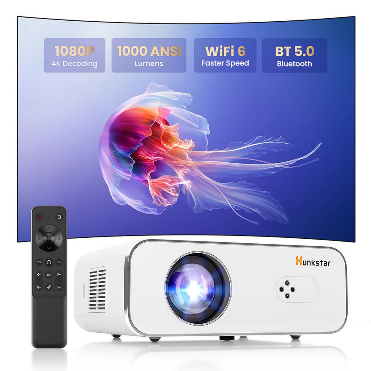 Biały projektor z pilotem i ekranem wyświetlającym abstrakcyjny obraz.