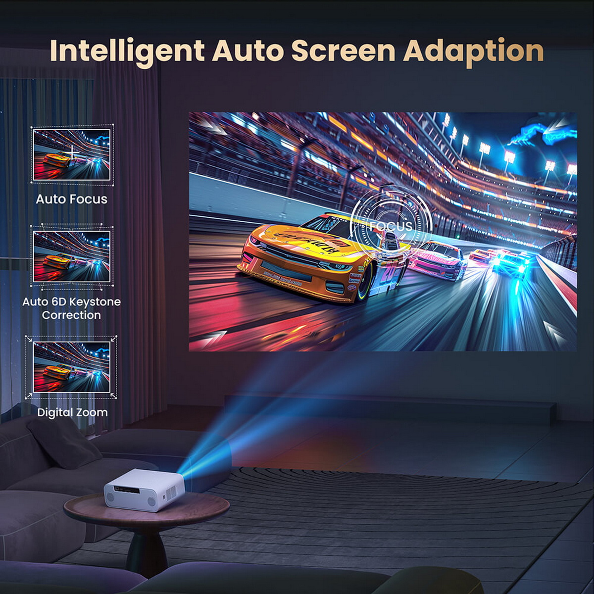 Projektor na stole wyświetlający scenę wyścigu samochodowego na ścianie.