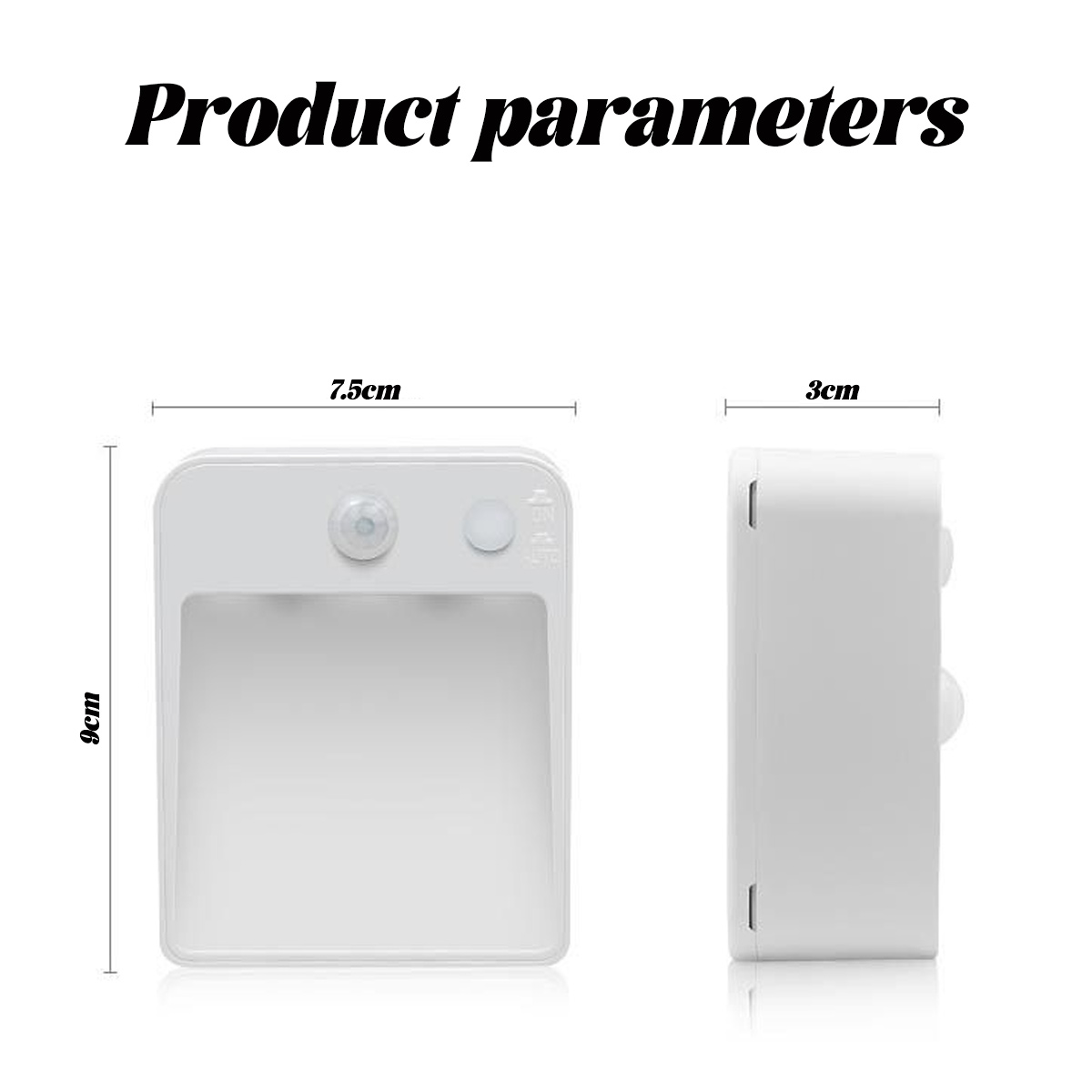 Produktparameterdiagramm. Zwei weiße Geräte mit Messungen von 7,5 cm, 3 cm und 9 cm.