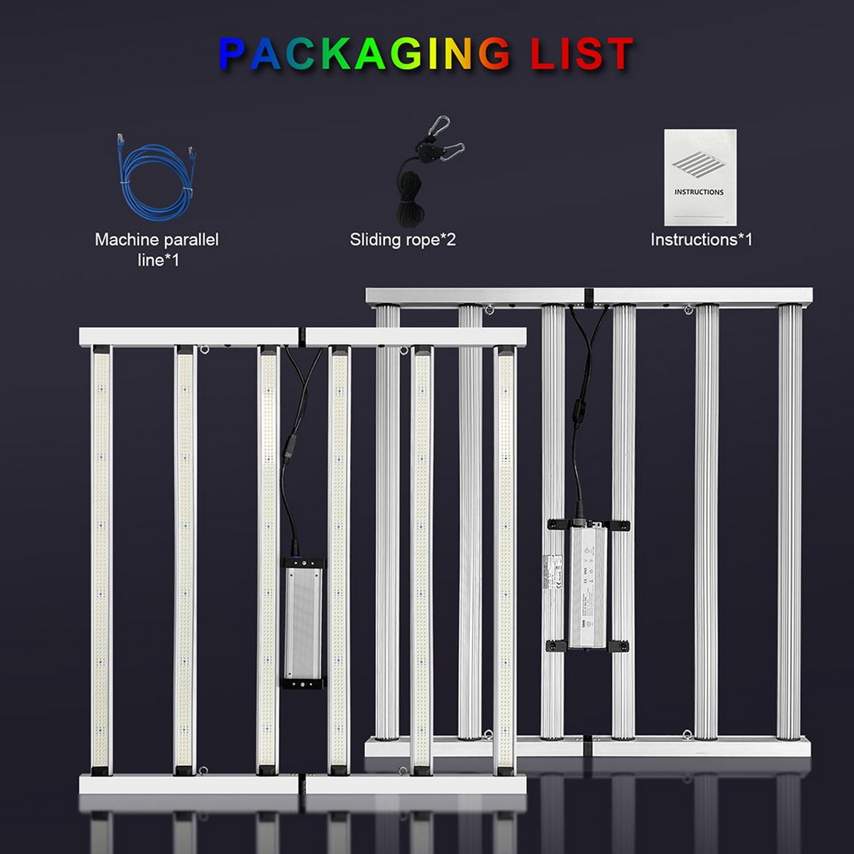 Verpackungsliste mit Lichtern und Zubehör. Enthält Lichter, Anweisungen und ein Gleitseil.