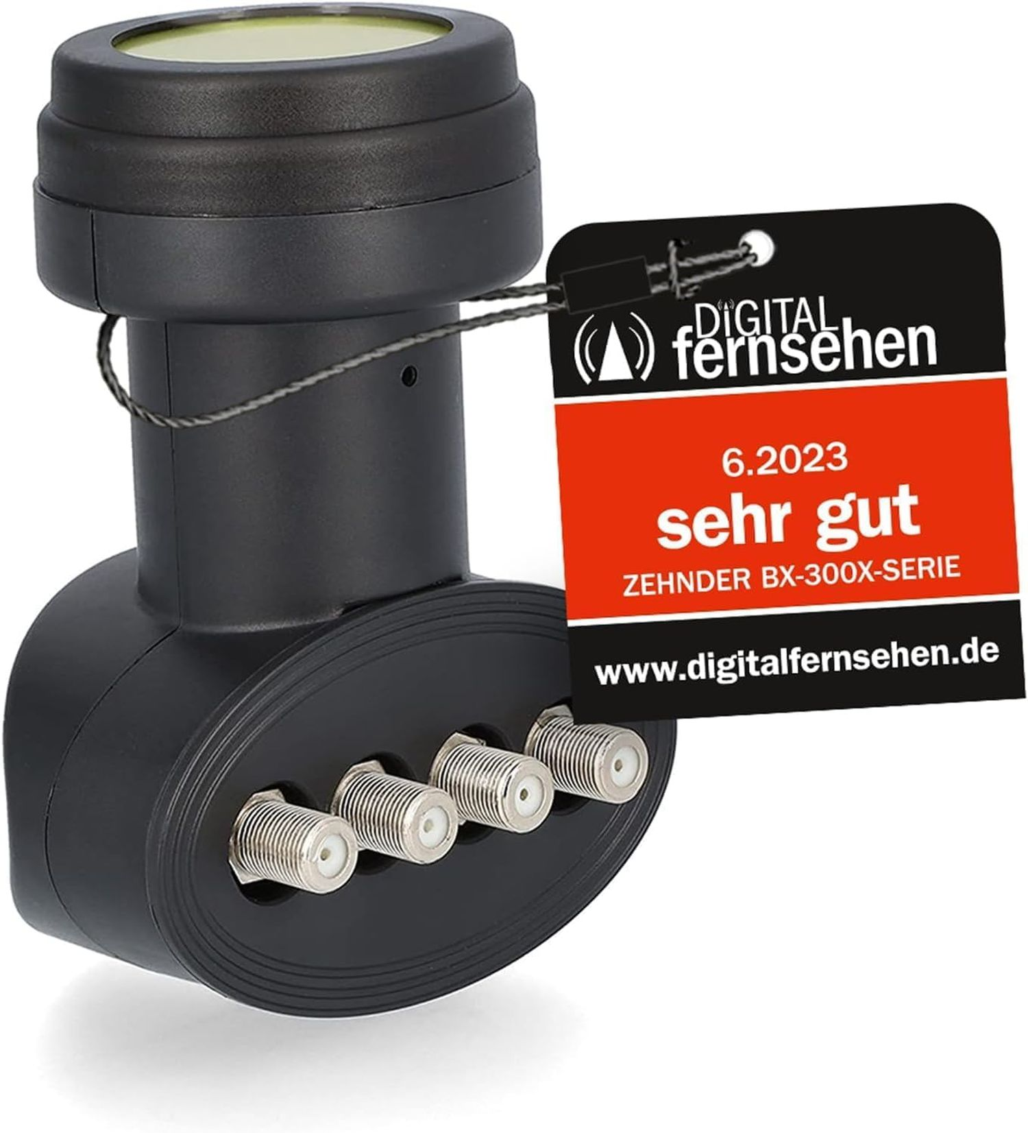 Schwarzer Satellitenempfänger mit Anhänger. Enthält mehrere Kabelanschlüsse. Weißer Hintergrund.
