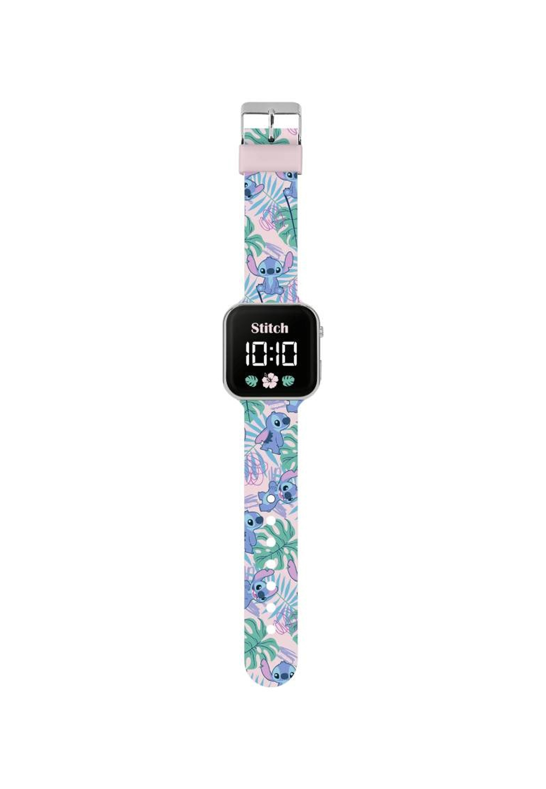Montre numérique sur le thème de Stitch avec bracelet rose, affichant l'heure, sur fond blanc.