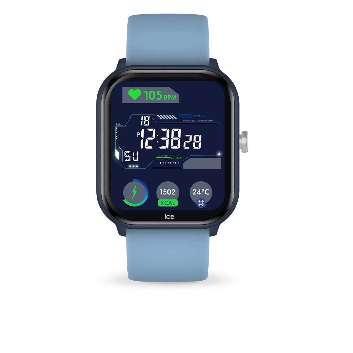 Uno smartwatch blu che mostra l'ora, la frequenza cardiaca e altri dati. Sfondo nero.