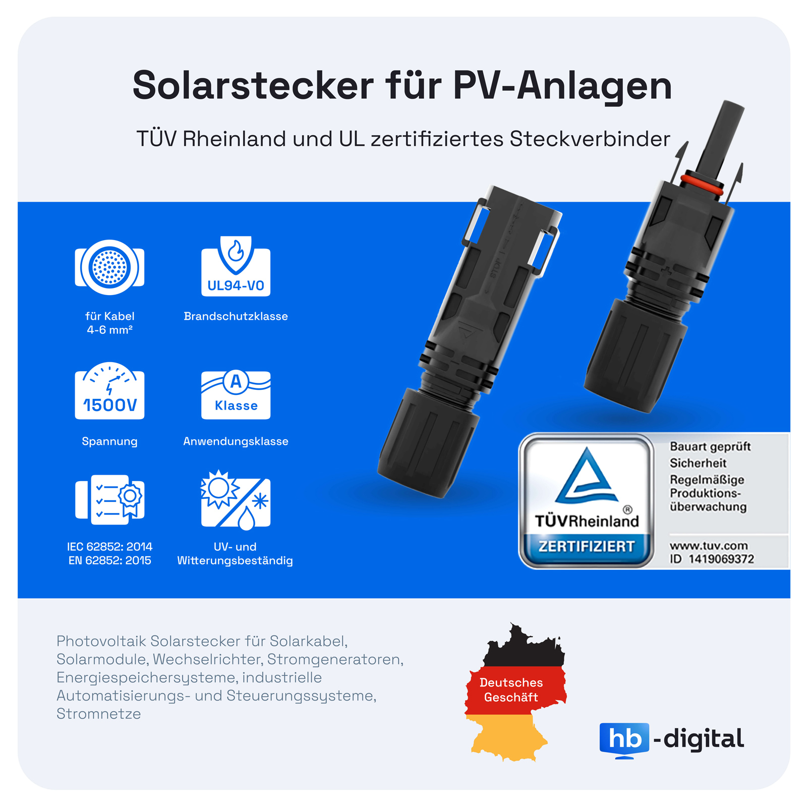 Solarstecker für PV-Anlagen mit technischen Details, Logos und einem deutschen Flaggenemblem.