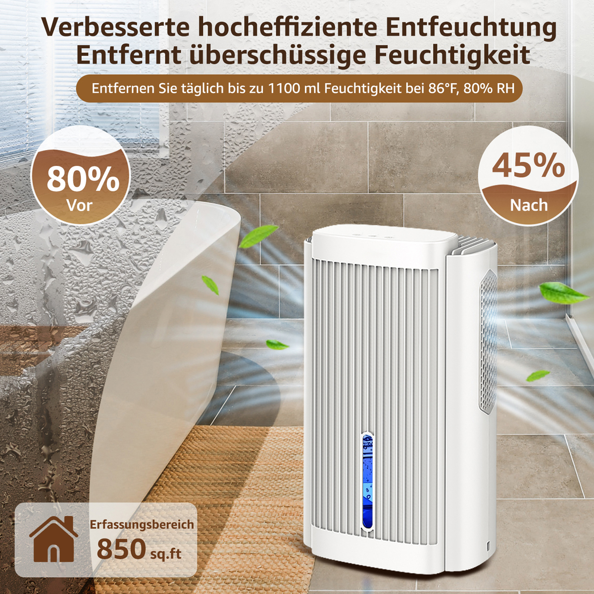 Luftentfeuchter mit Text, der Feuchtigkeitsniveaus zeigt, in einem Raum.