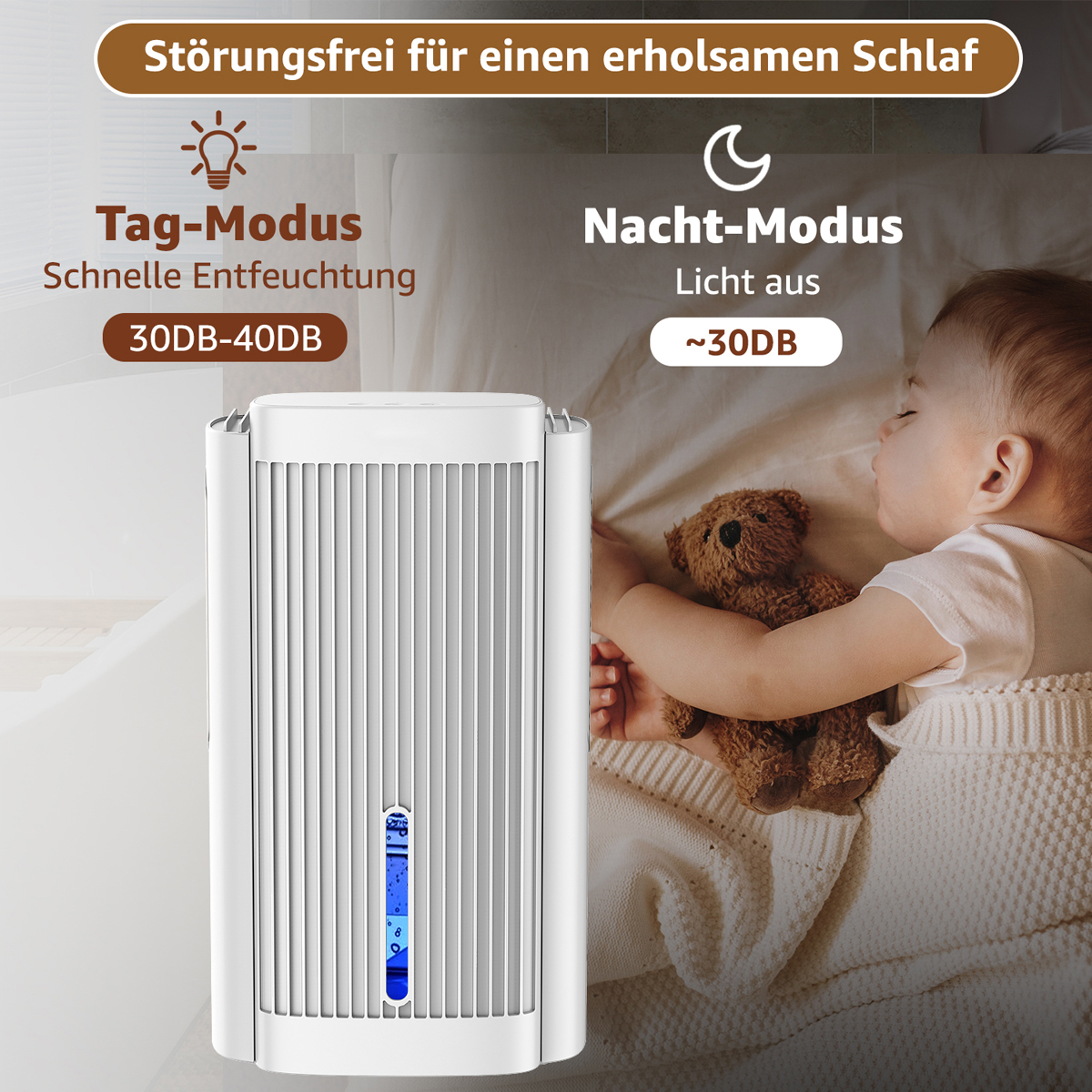 Ein Baby schläft in der Nähe eines Luftbefeuchters. Text erwähnt 'Tag-Modus' und 'Nacht-Modus' mit dB-Pegeln.