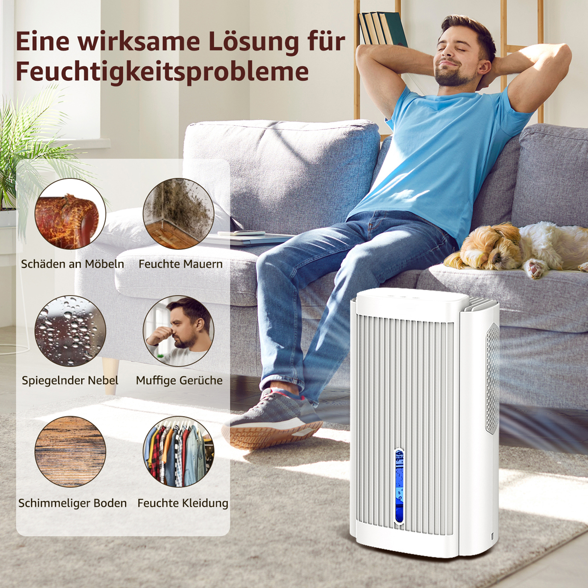 Mann entspannt sich auf Sofa, Hund schläft, weißer Luftentfeuchter. Text über Feuchtigkeitsprobleme.