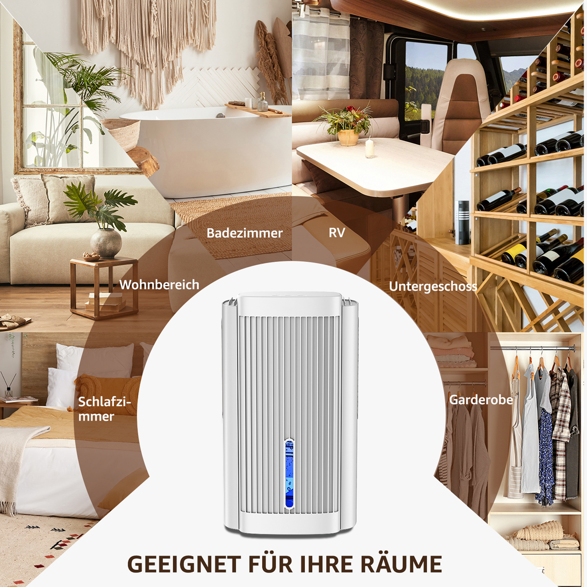 Eine Collage von Räumen, darunter ein Badezimmer und ein Wohnzimmer, mit einem weißen Luftentfeuchter.