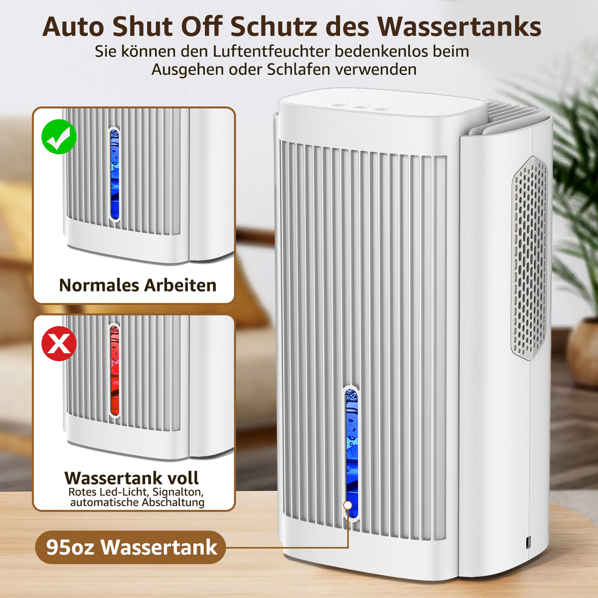 Ein weißer Luftbefeuchter mit blauer Lichtanzeige und Text auf Deutsch.