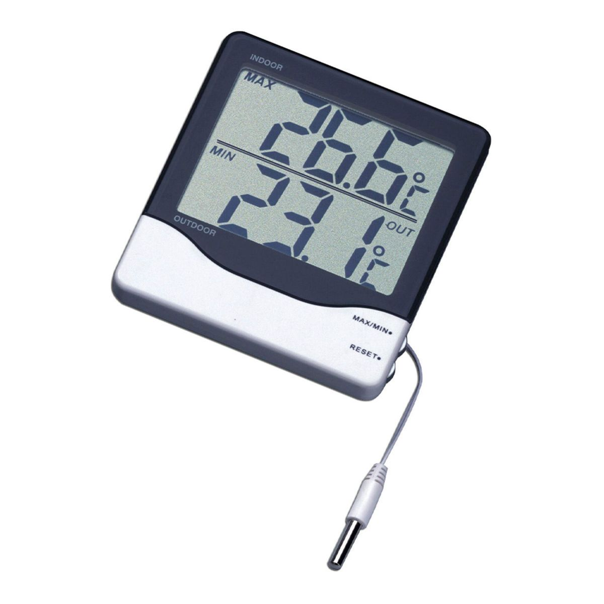 Ein digitales Thermometer, das Innen- und Außentemperaturen anzeigt. Es hat eine weiße Basis und ein Kabel.