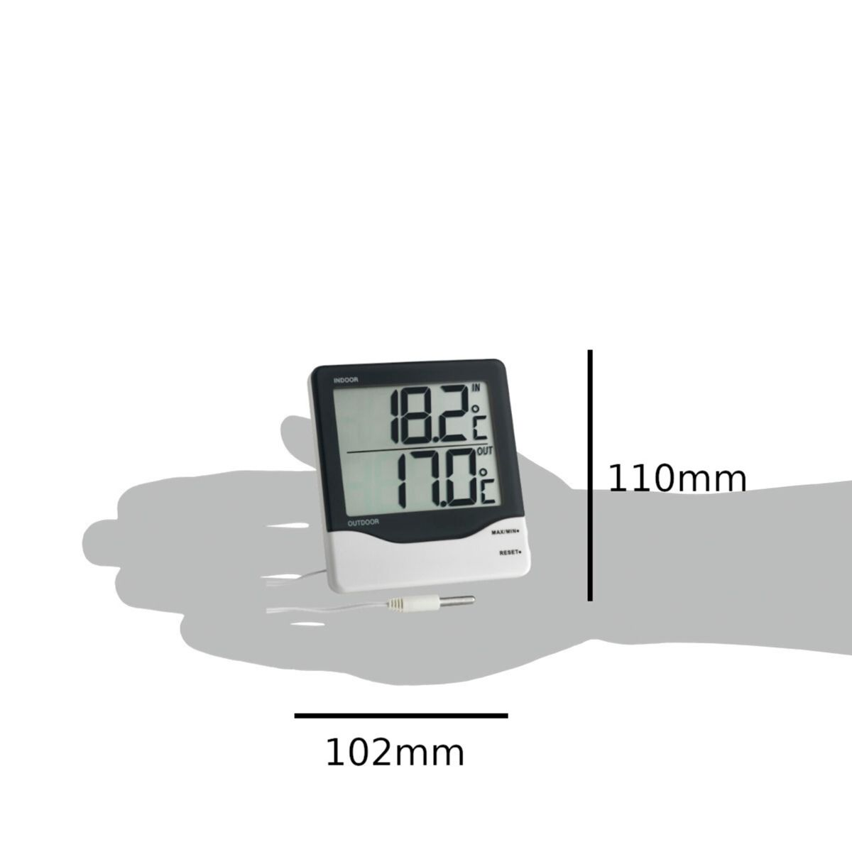 Ein digitales Thermometer, das Innen- und Außentemperaturen anzeigt, mit den Abmessungen 102 mm x 110 mm.