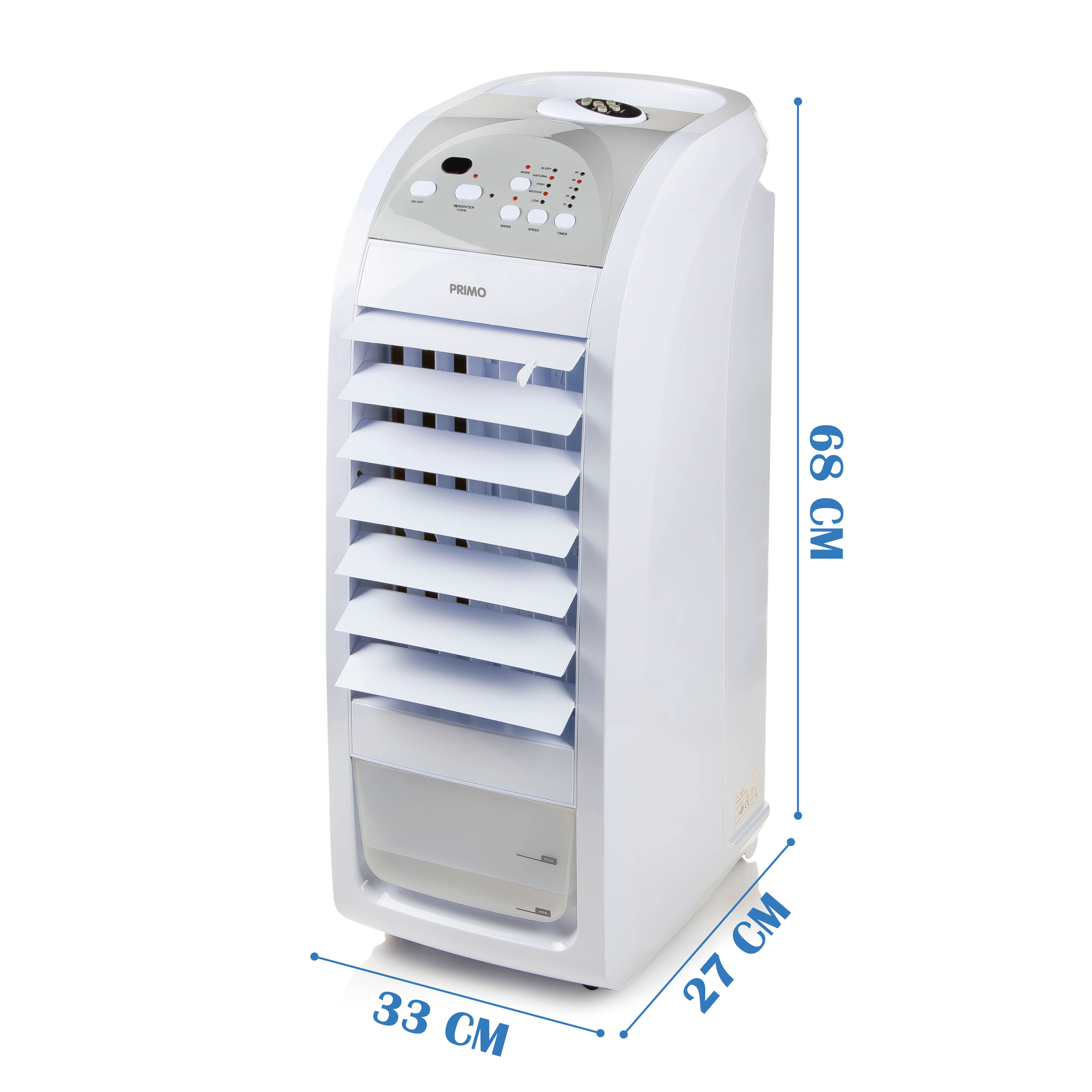 White and gray Primo air cooler. Dimensions are labeled: 68 cm high, 33 cm wide, 27 cm deep.