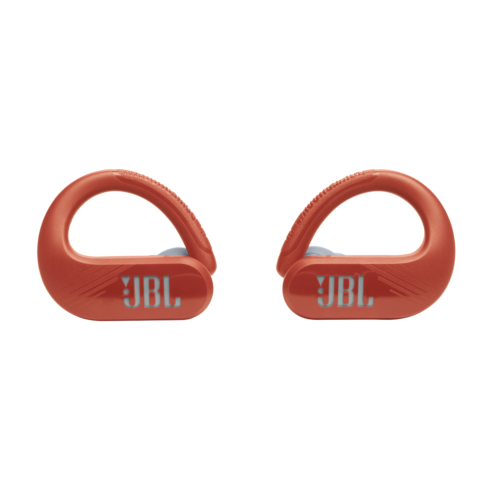 Zwei orangefarbene JBL-Ohrhörer, jeweils mit Haken. JBL-Logo sichtbar.