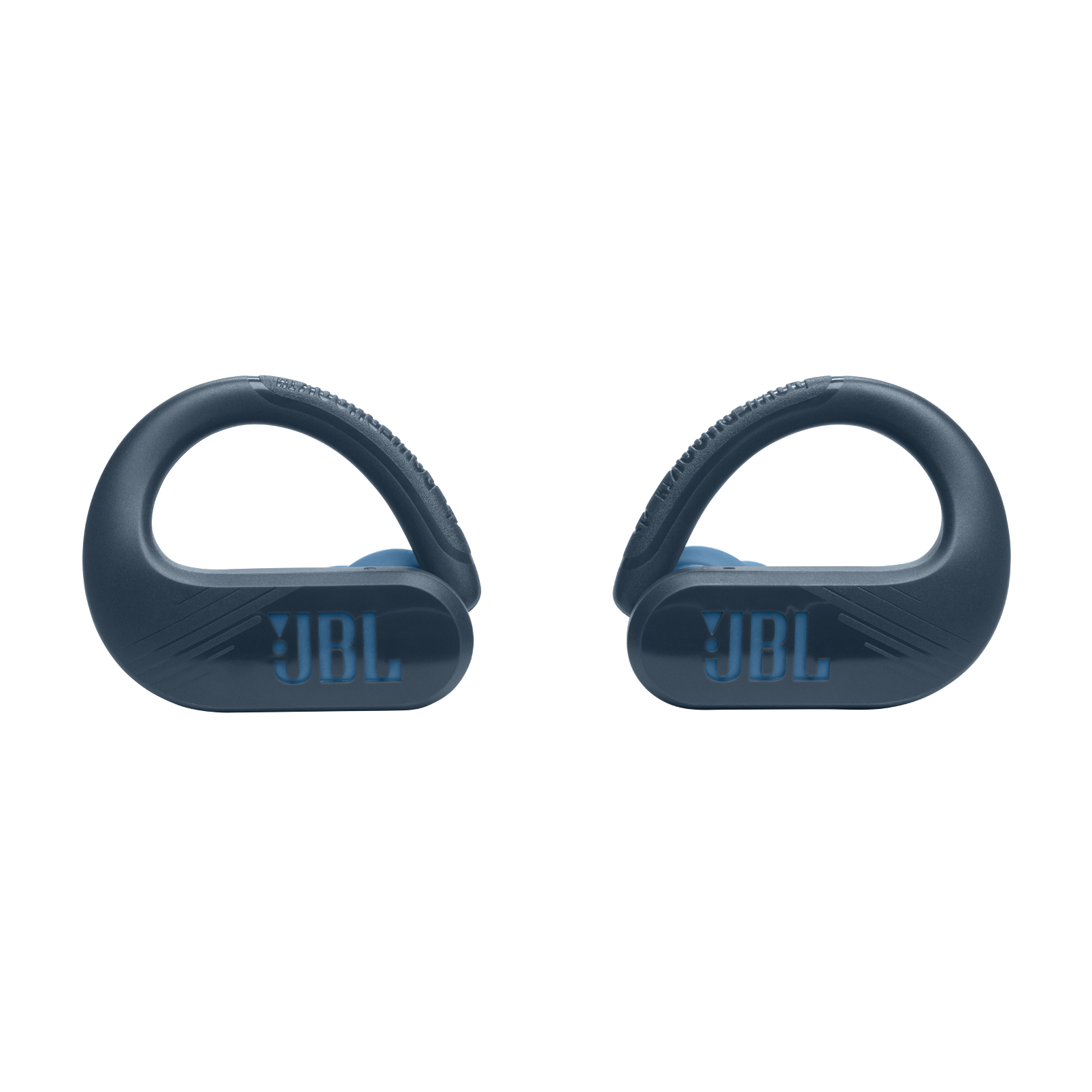 Niebieskie słuchawki JBL z zaczepami na uszy. Logo JBL widoczne na obu słuchawkach.