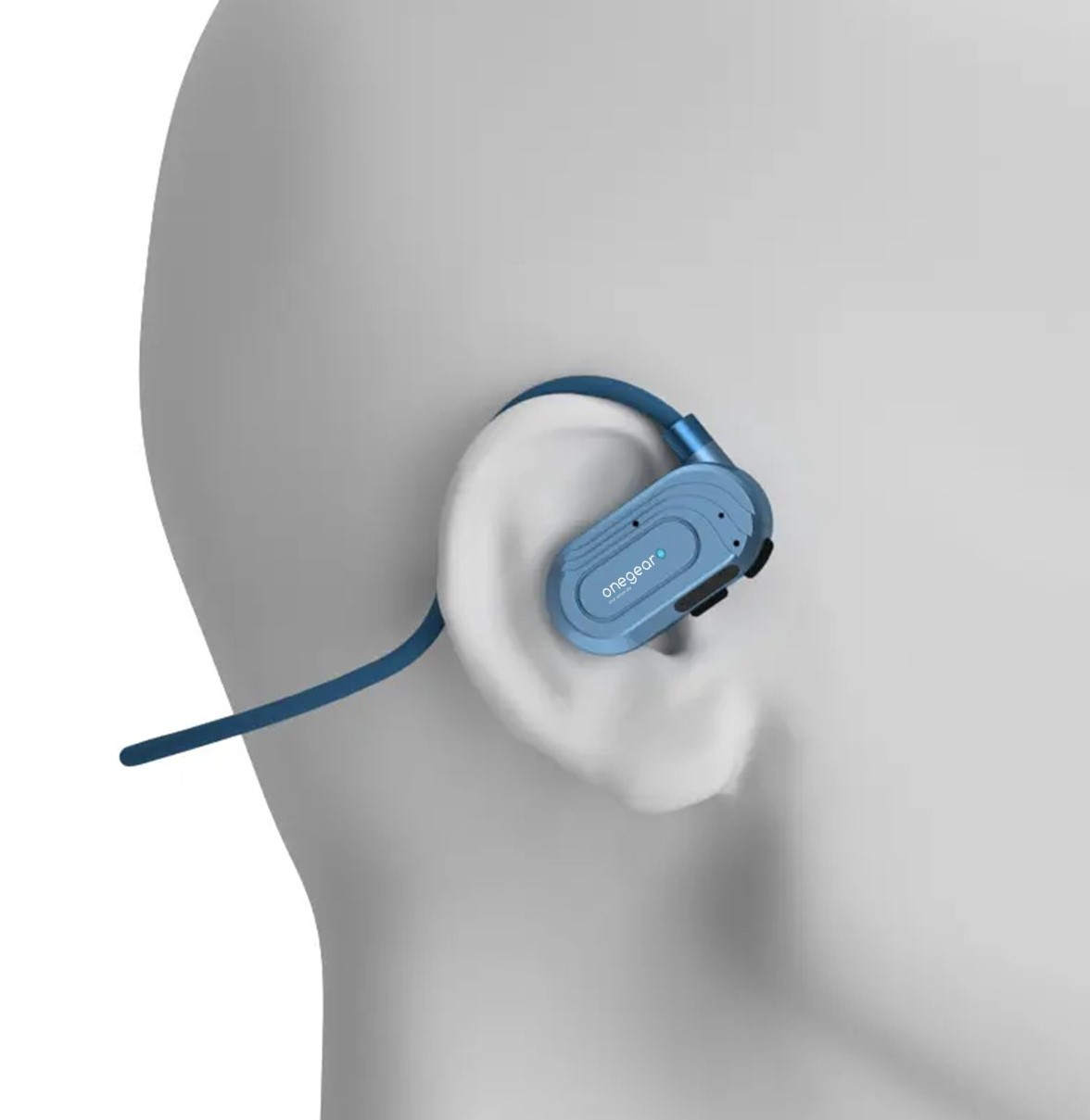 Auricolare blu sull'orecchio di una persona, vista laterale, su sfondo bianco.