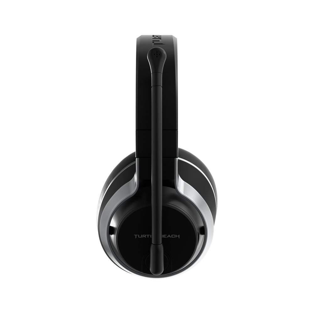 Czarne słuchawki z mikrofonem. Srebrne akcenty na nausznikach i pałąku. Marka Turtle Beach.