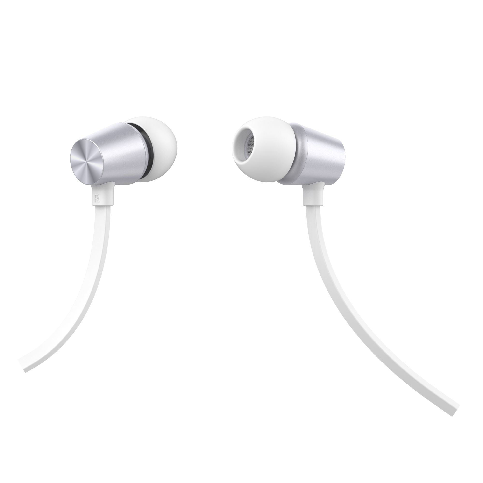Un paio di auricolari bianchi con dettagli argentati, collegati da un cavo bianco, su sfondo bianco.