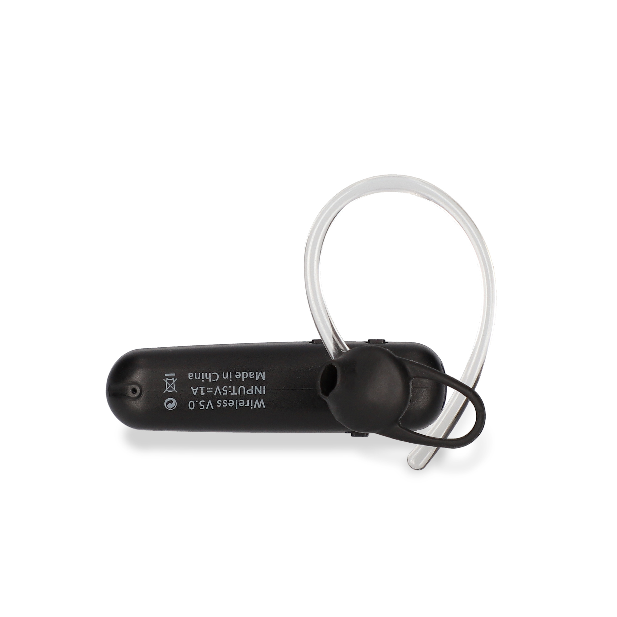 Auricular bluetooth negro sobre fondo blanco.