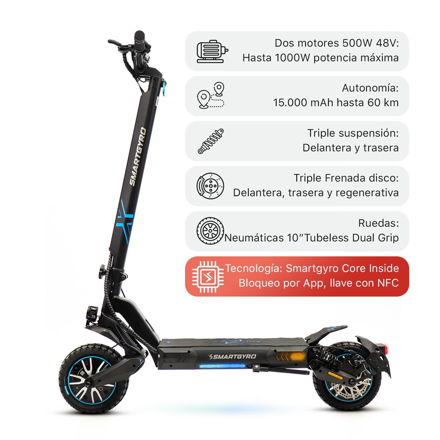 Scooter eléctrico negro y azul con texto e iconos. Aislado.