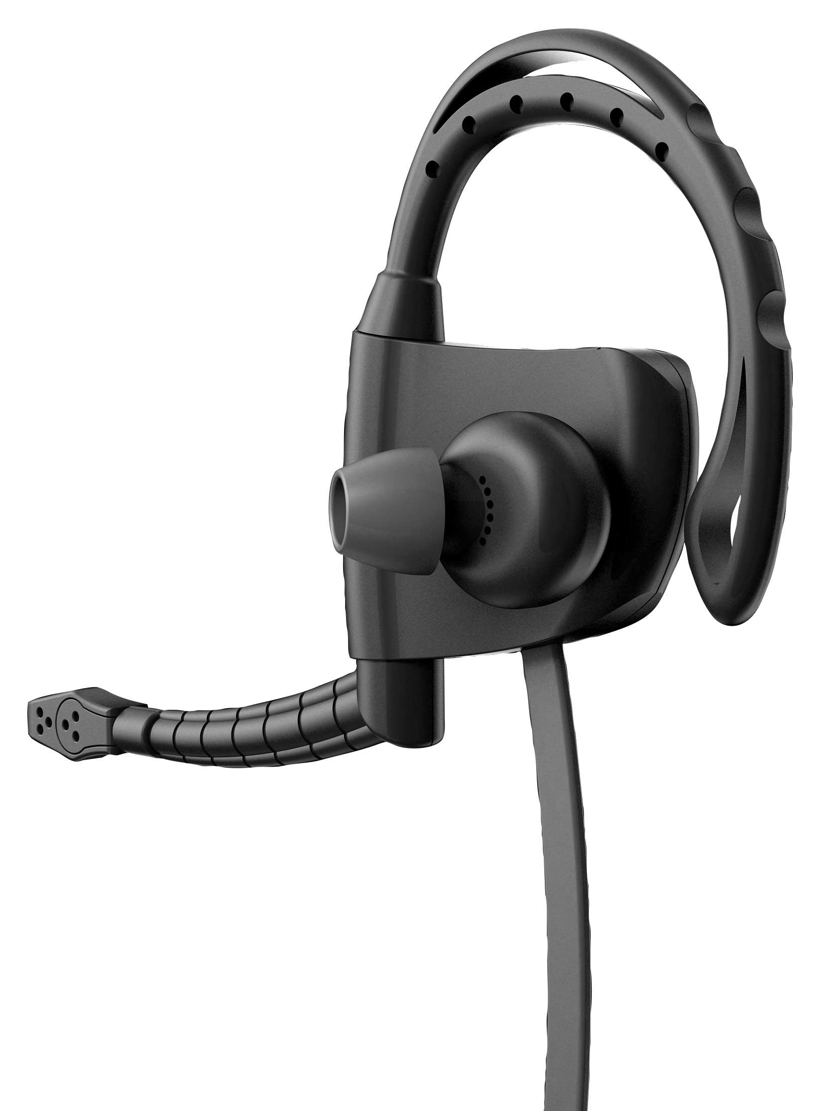 Auricular negro con micrófono, angulado, sobre fondo blanco. Tipo deportivo.