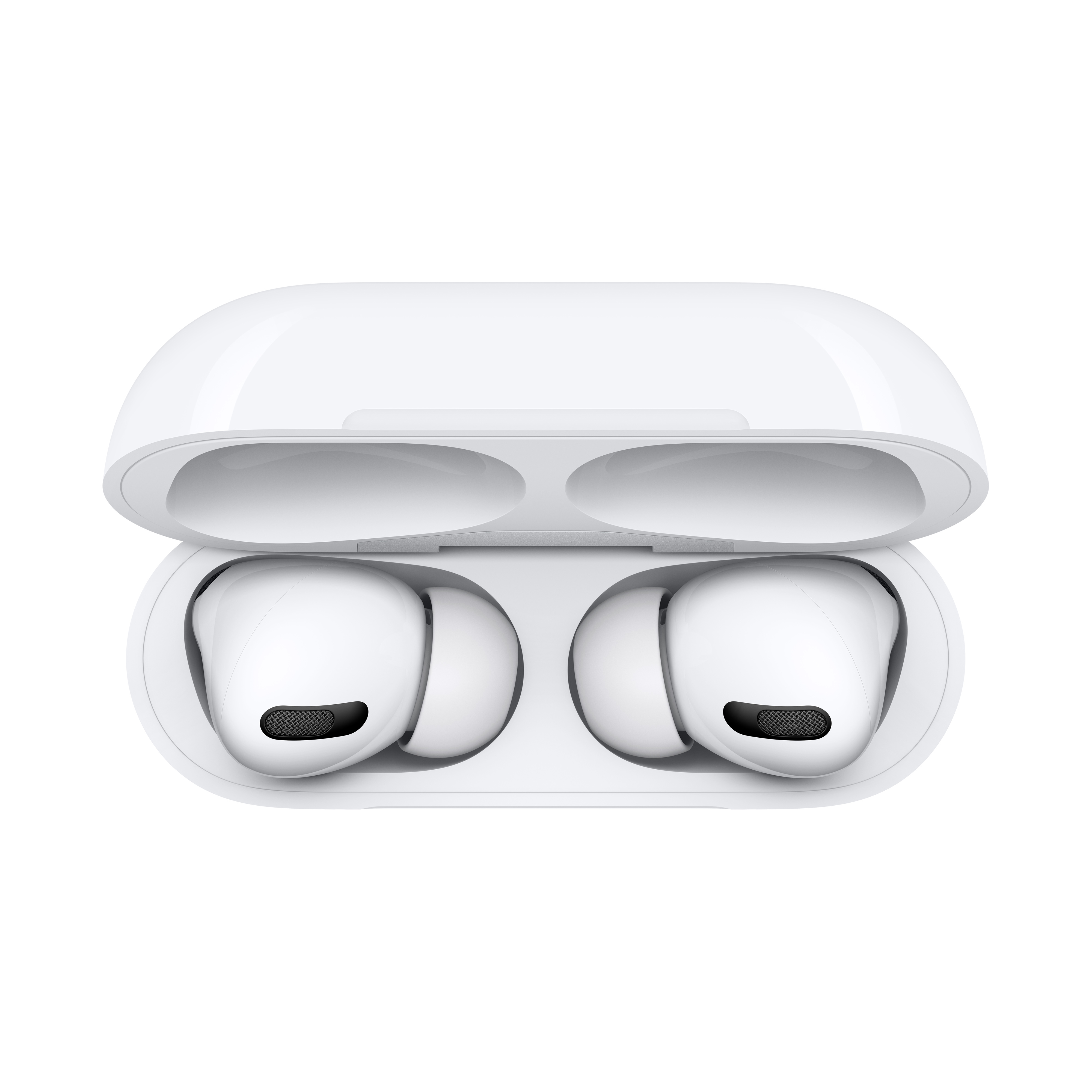 Białe Apple AirPods Pro w etui ładującym, otwarte i prezentowane na białej powierzchni.