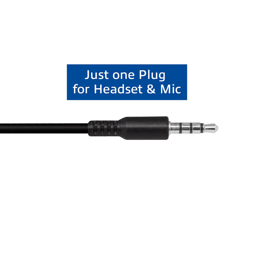 Primo piano di un jack audio nero, con il testo 'Just one Plug for Headset & Mic'.