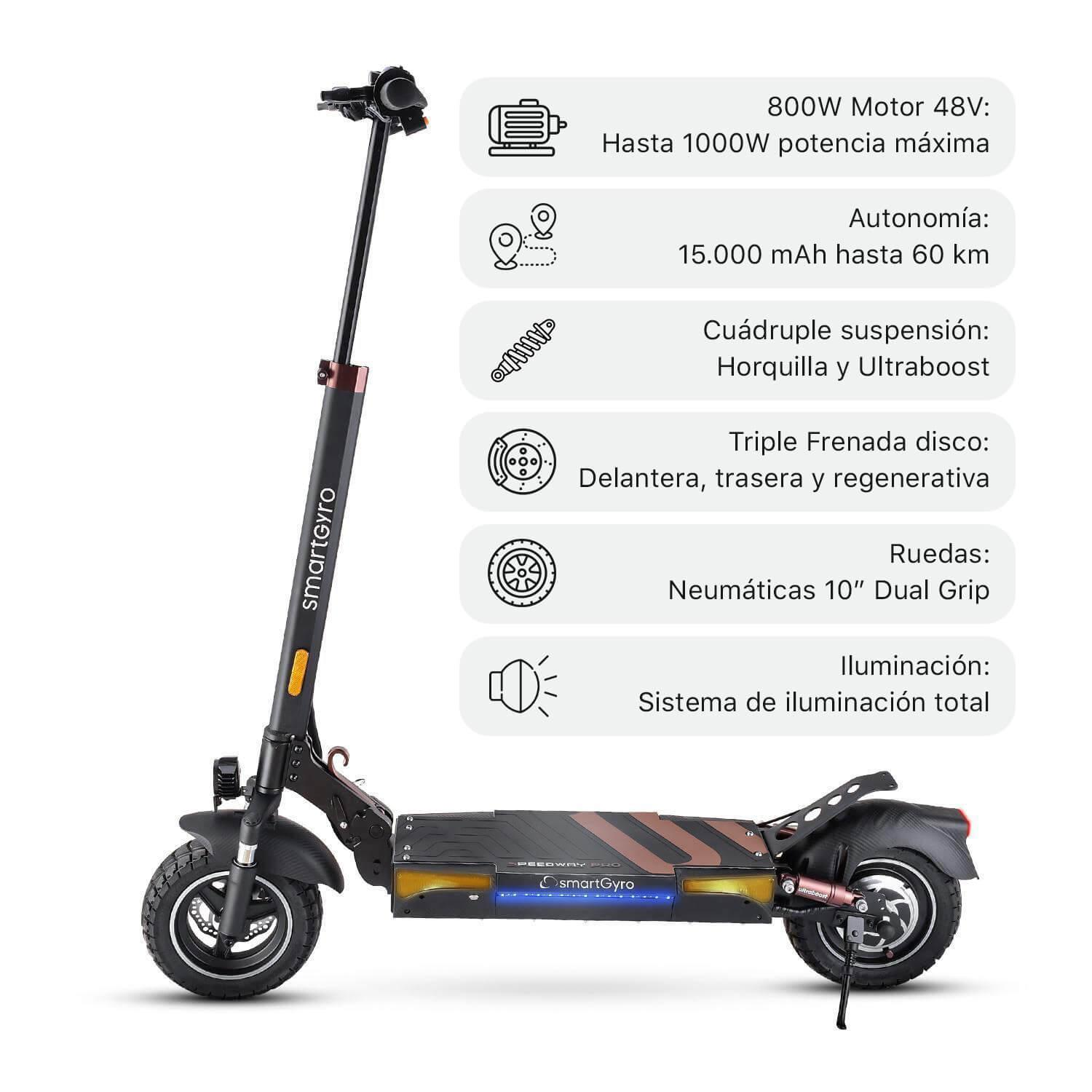 Patinete eléctrico negro y rojo con descripciones de texto sobre fondo blanco.