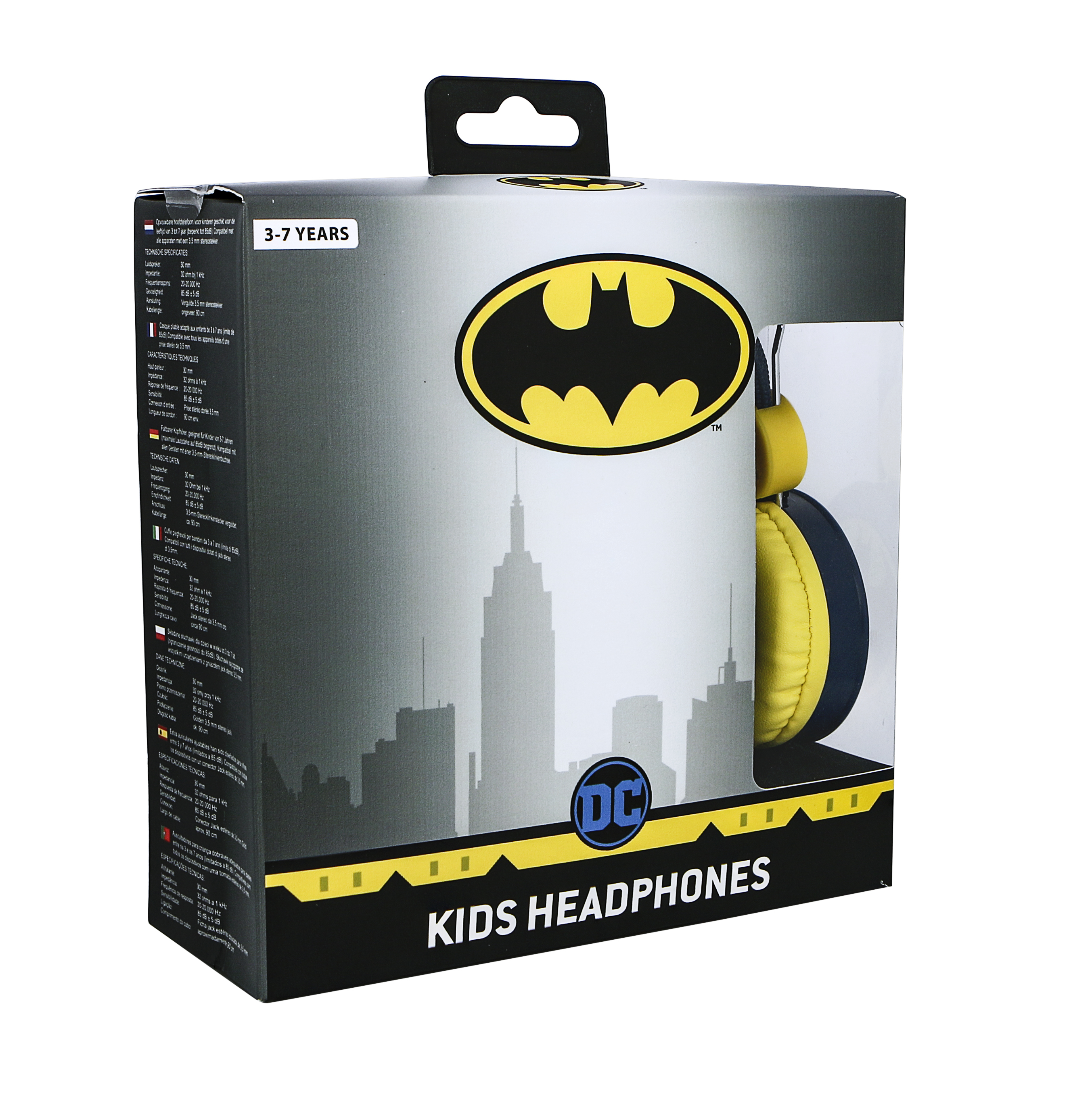 Eine Batman-Kopfhörerbox. Der Hintergrund ist weiß. Die Kopfhörer sind gelb und schwarz.