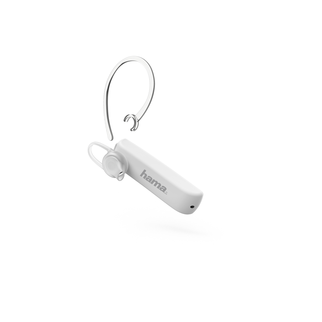 Weißes Bluetooth-Headset mit einem durchsichtigen Ohrbügel. Das Headset befindet sich auf weißem Hintergrund.