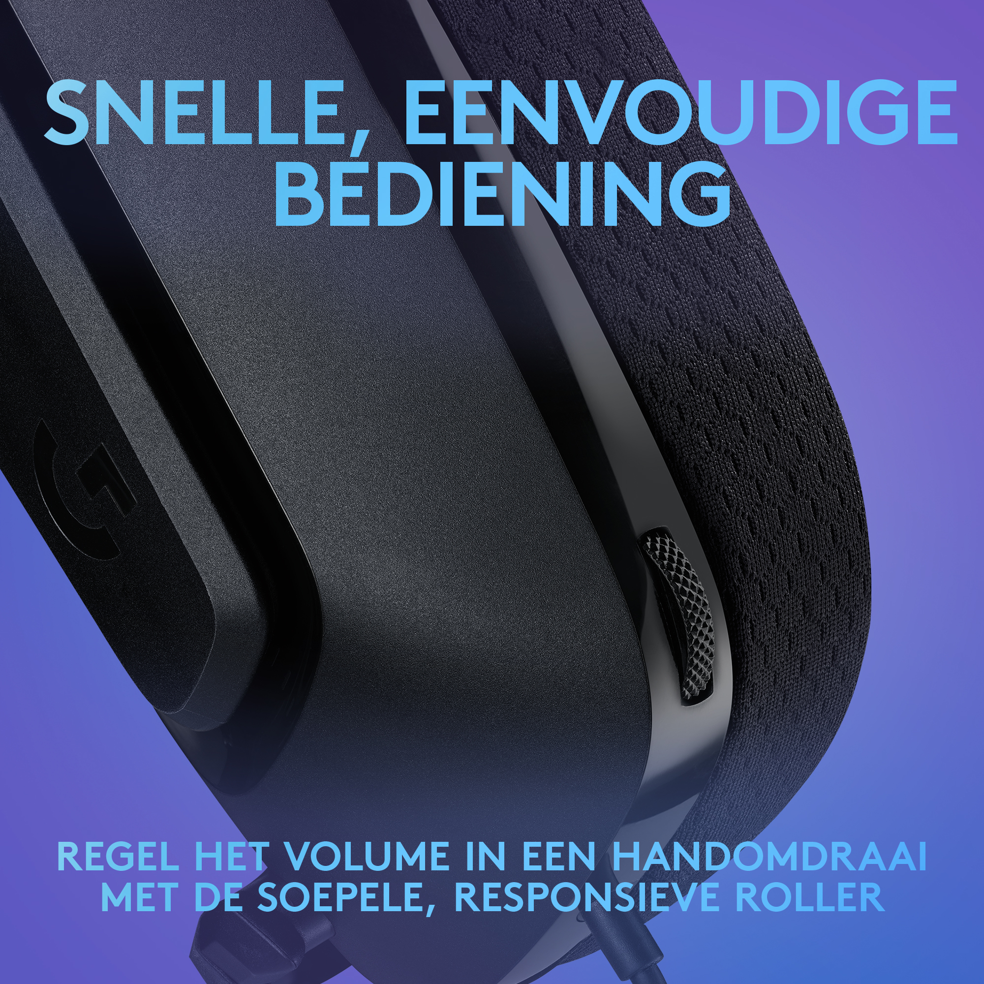 Szczegół czarnego zestawu słuchawkowego z regulatorem głośności. Niebieski tekst na fioletowym tle.