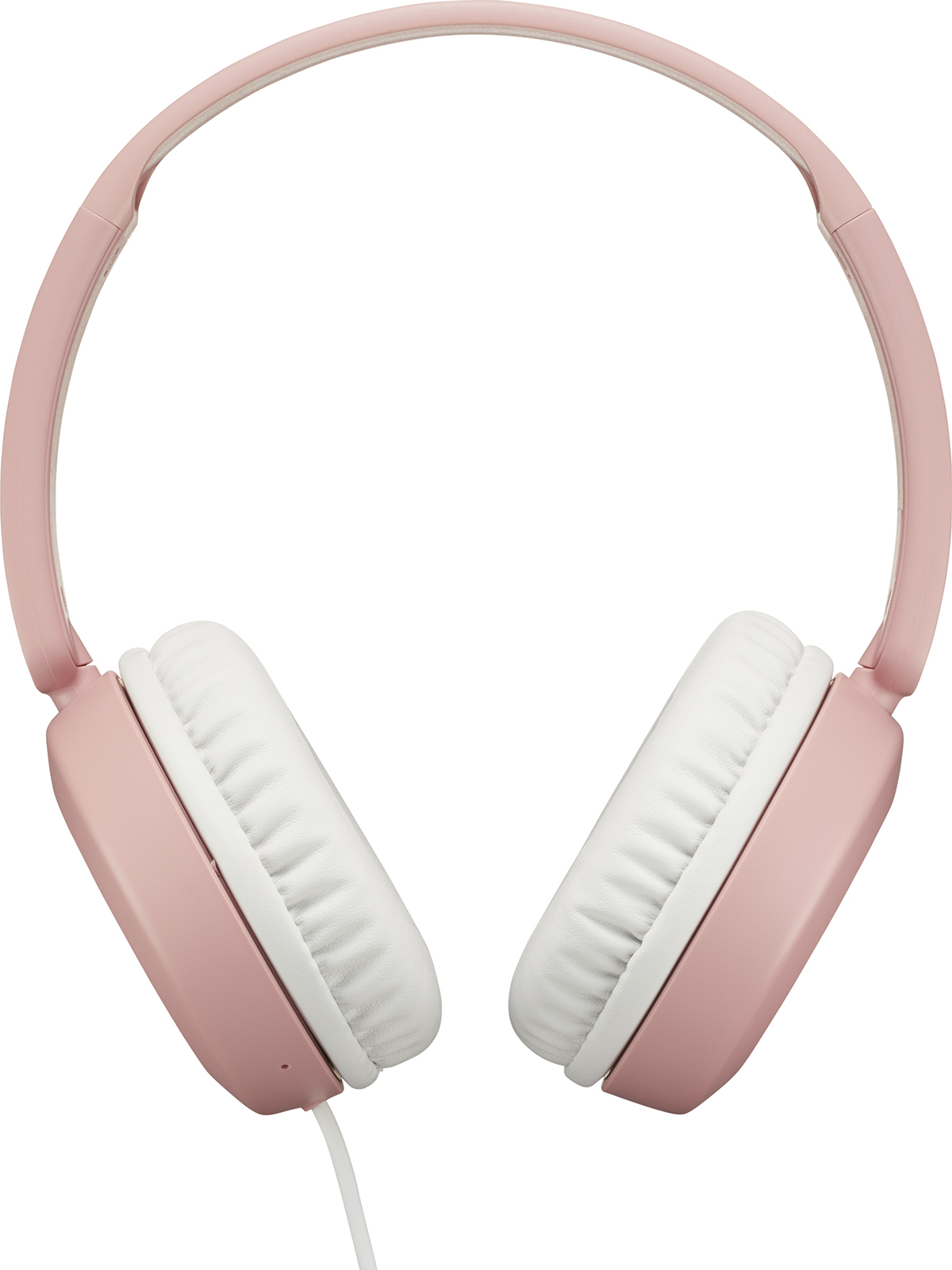Pink and white headphones on a white background. The ear cups are white.