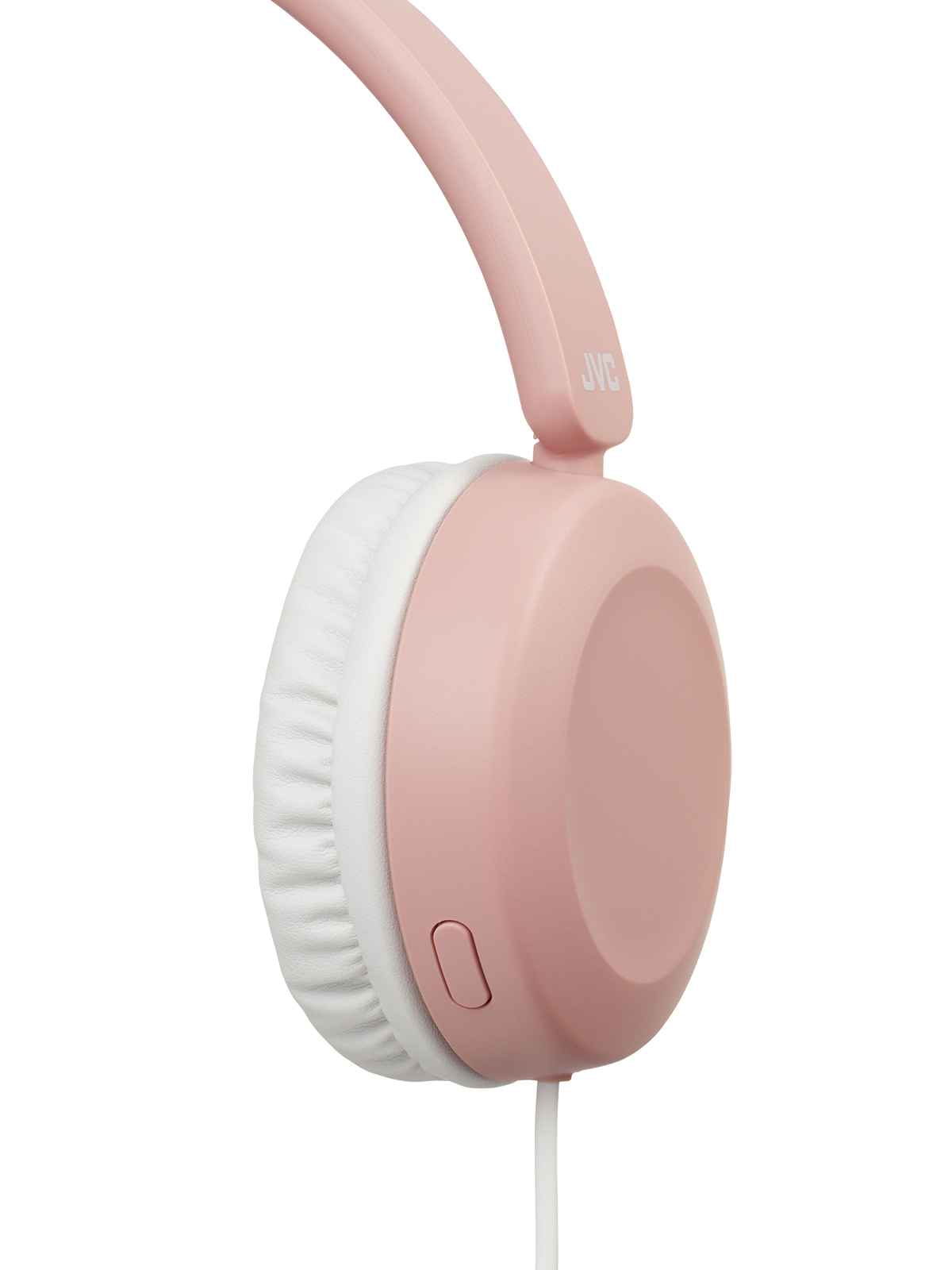 Pink JVC headphones with white ear cushions. White background.