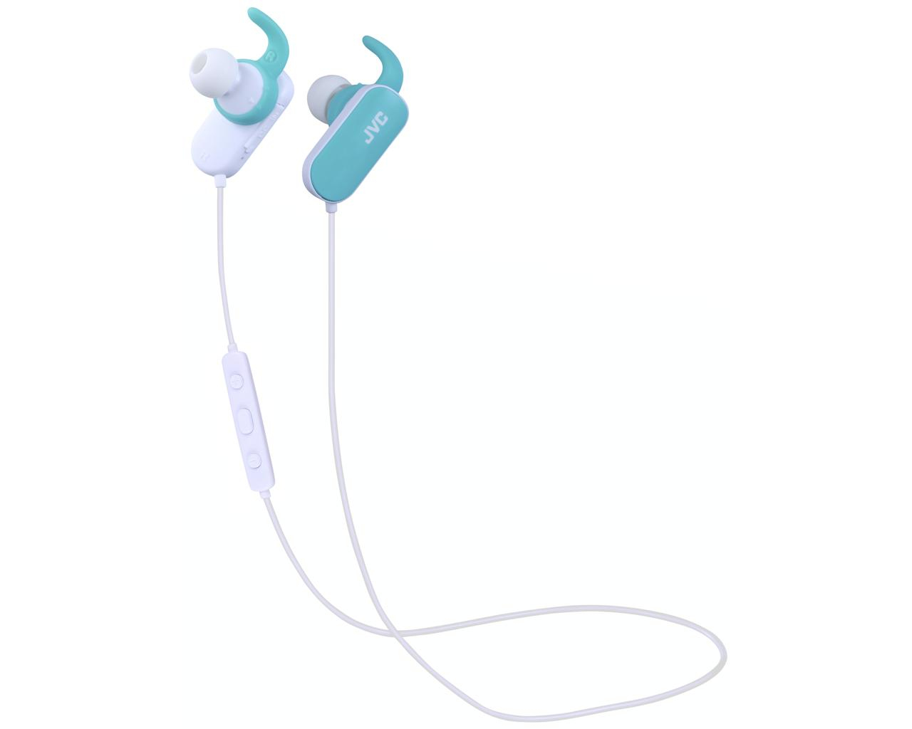 Auricolari bianchi e verde acqua con cavo bianco e modulo di controllo. Sono wireless.