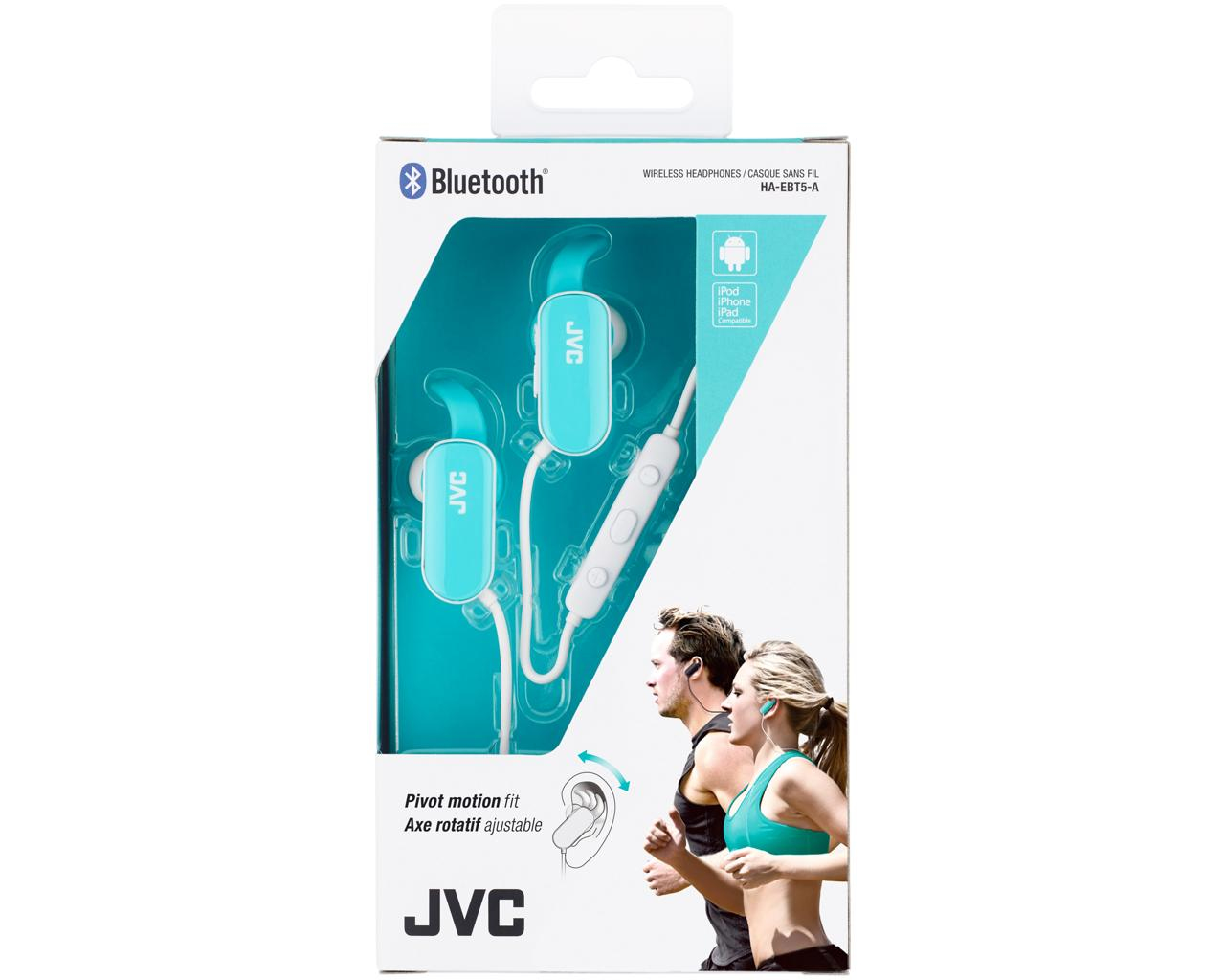 Scatola auricolari JVC con due persone che corrono. Gli auricolari sono turchese.