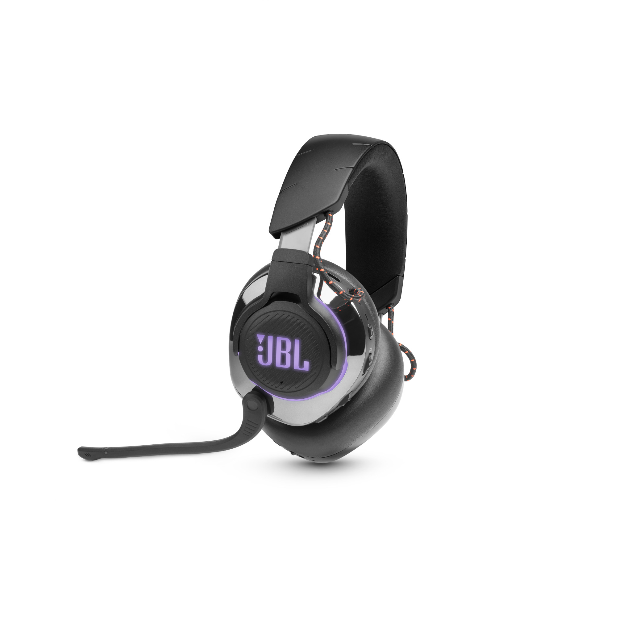 Cuffie da gioco JBL nere e argentate con microfono, logo illuminato, su sfondo bianco.
