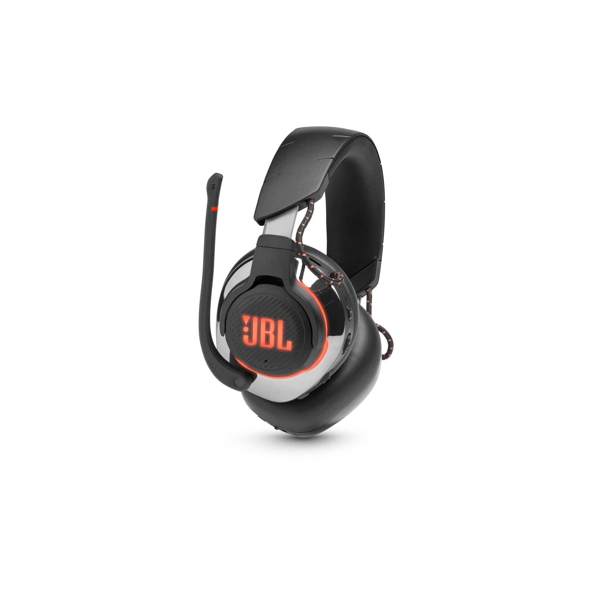 Cuffie nere e argentate con microfono, logo JBL visibile.