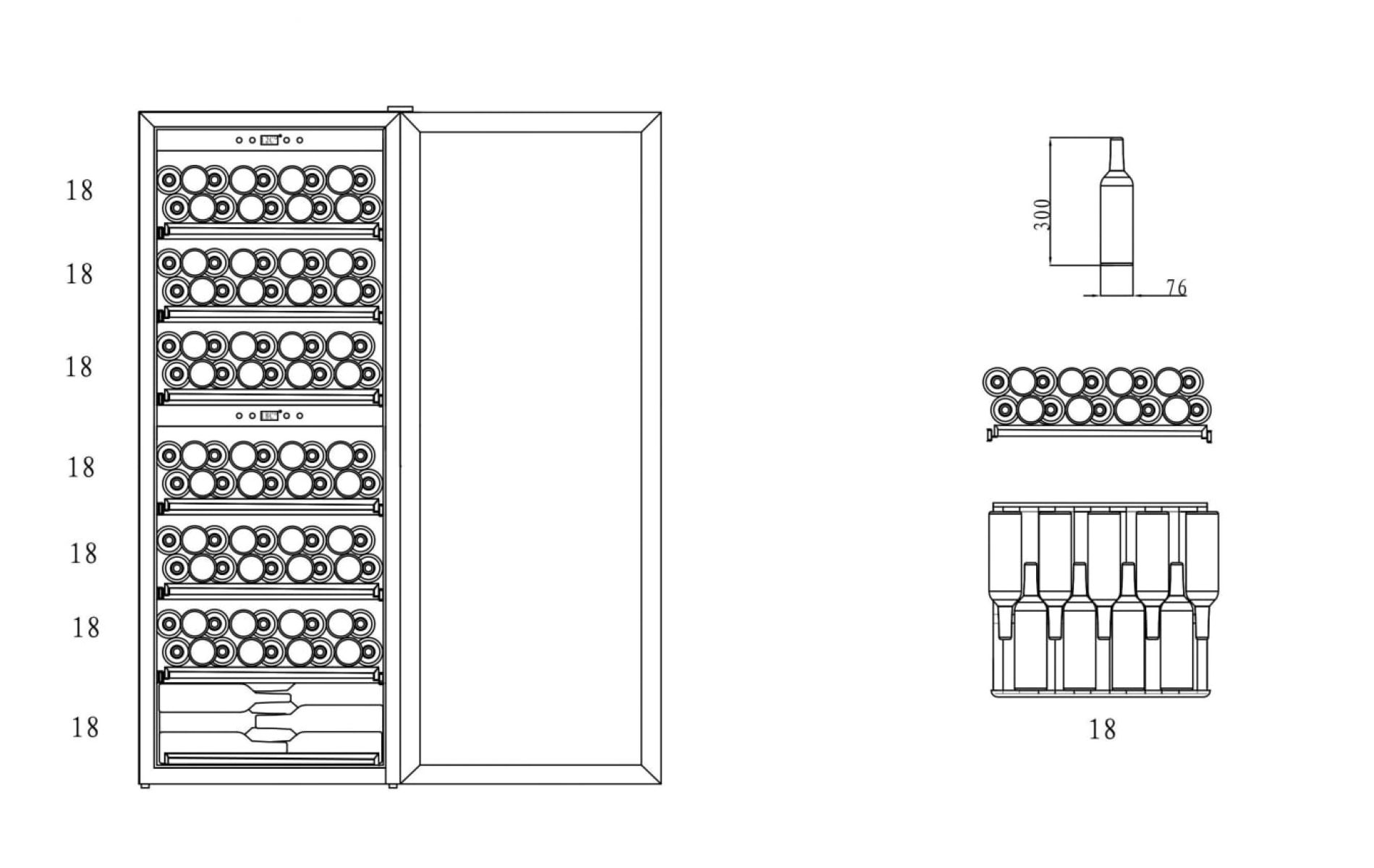 Weinkühler-Schema mit offener Tür, Regalen mit Flaschen und bemaßten Flaschendiagrammen.