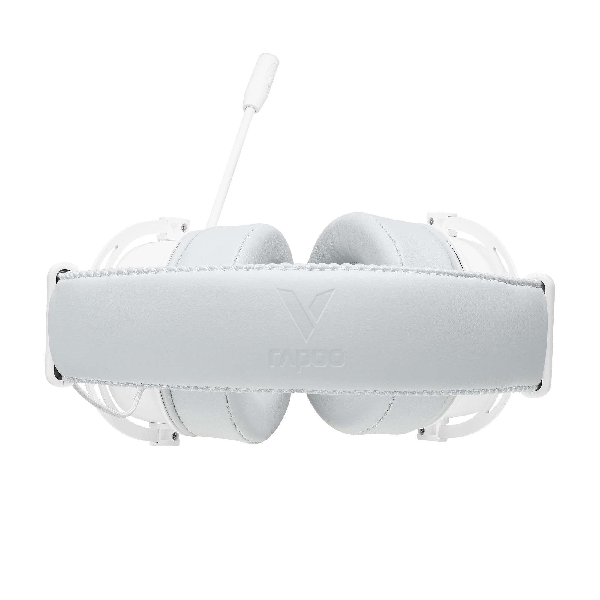 Weißes Gaming-Headset. Der Markenname steht oben am Bügel. Es hat ein Mikrofon.
