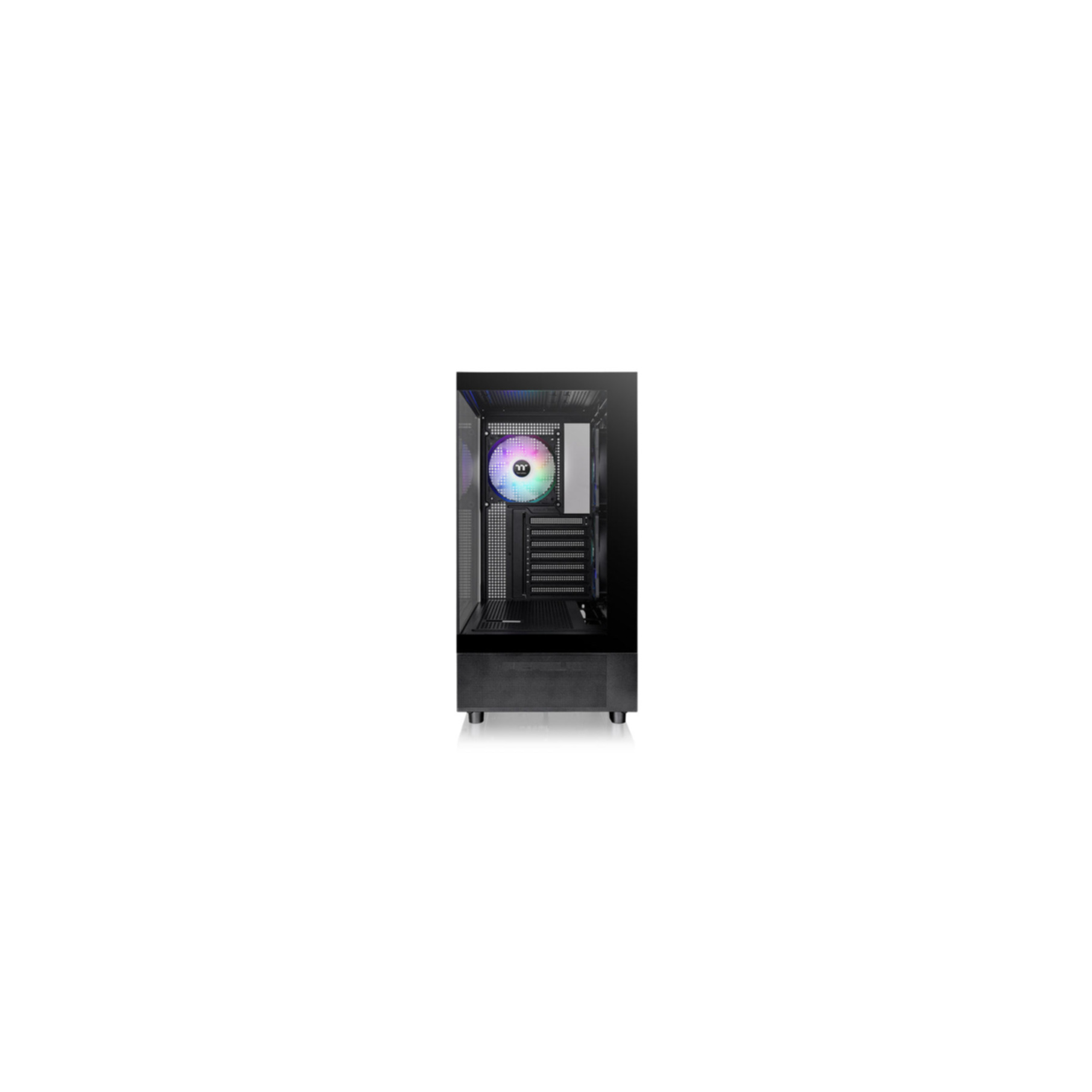 Boîtier d'ordinateur noir avec ventilateur lumineux. Côté transparent montrant les composants.