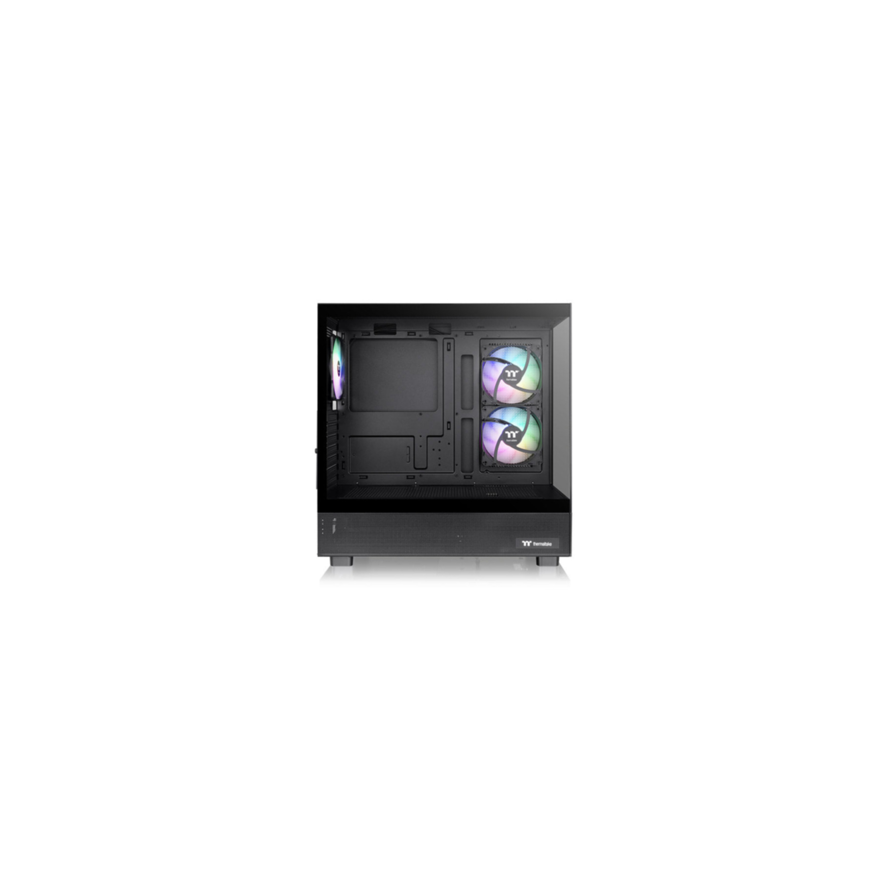 Boîtier d'ordinateur noir avec panneau latéral transparent. Ventilateurs avec lumières.