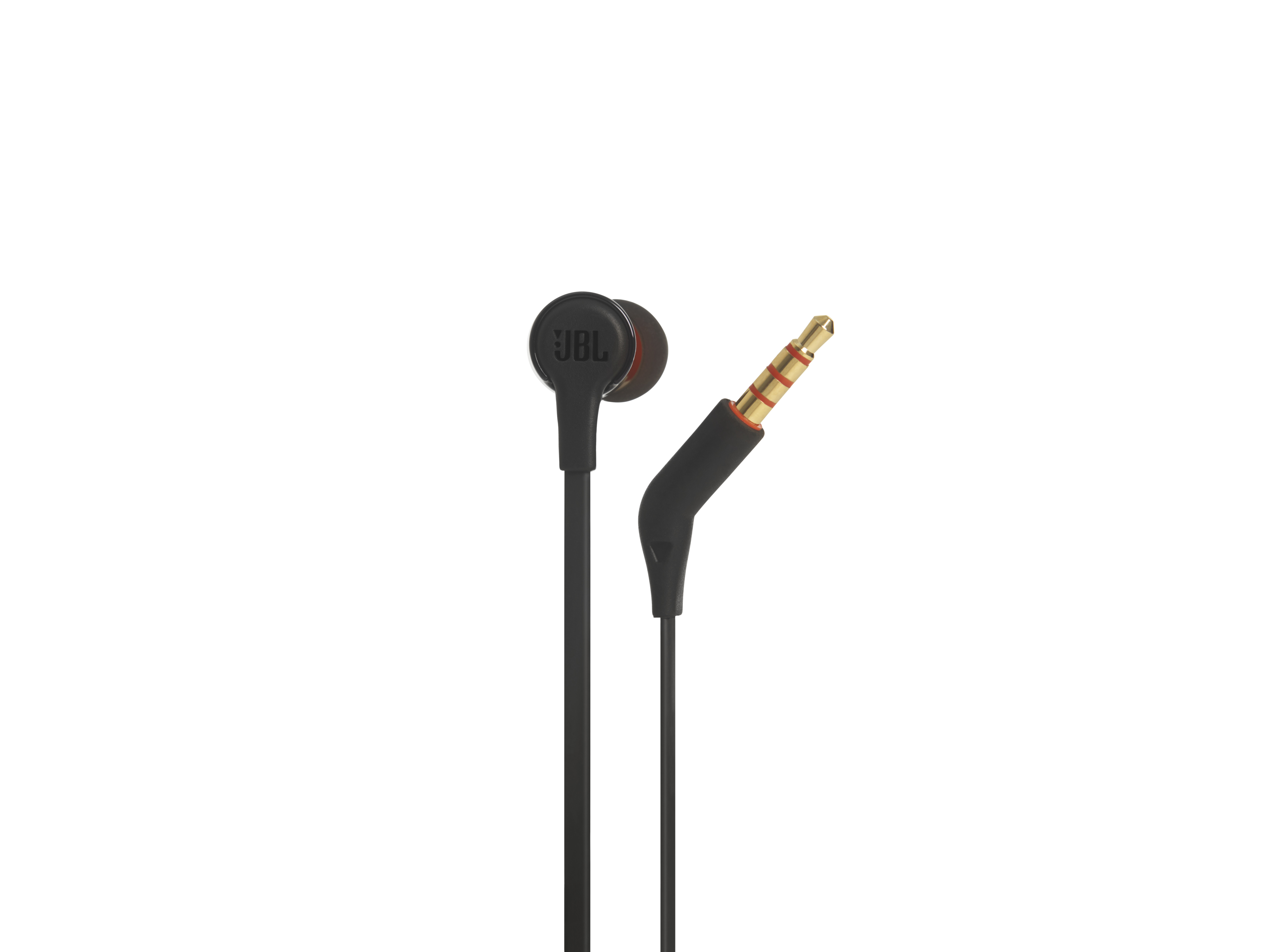 Schwarze JBL-Ohrhörer mit schwarzem Kabel und goldfarbenem Stecker.
