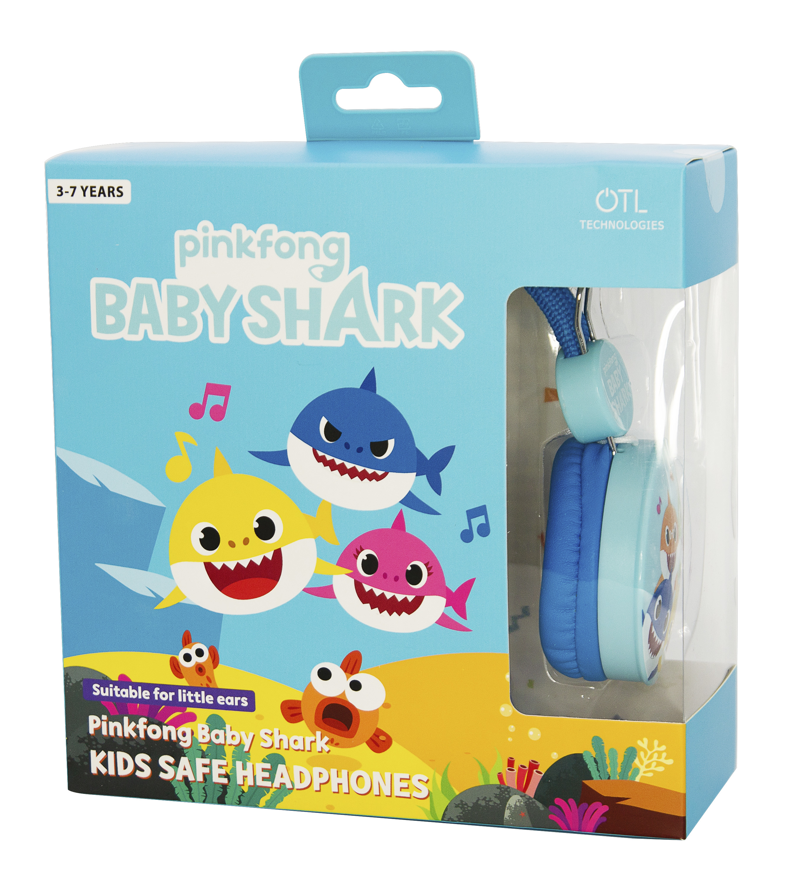 Słuchawki Pinkfong Baby Shark, niebieskie pudełko z kreskówkowymi rekinami.