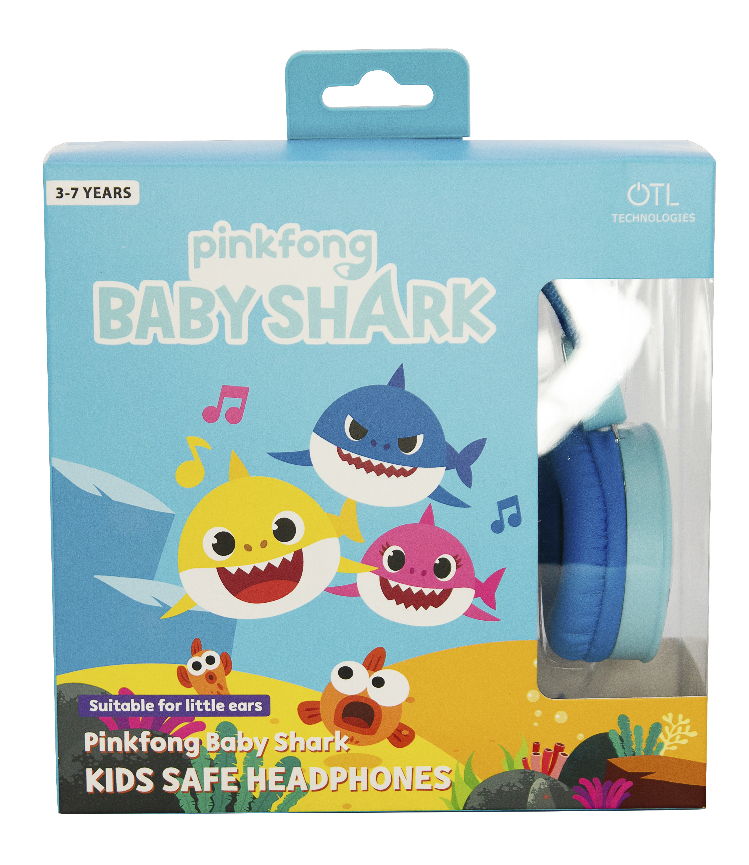 Słuchawki Pinkfong Baby Shark dla dzieci. Niebiesko-różowy design w pudełku z grafiką rekina.