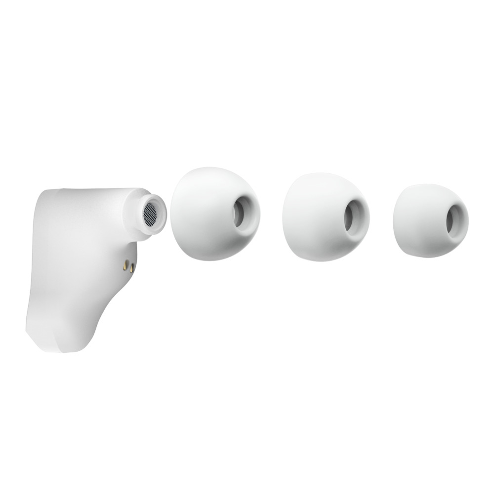 Auricolari bianchi con tre punte e un componente di ricarica. Tutto su sfondo bianco.