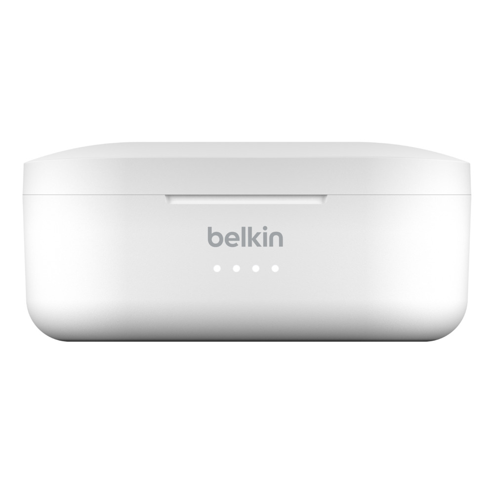 Custodia di ricarica Belkin bianca con quattro spie, sfondo bianco.