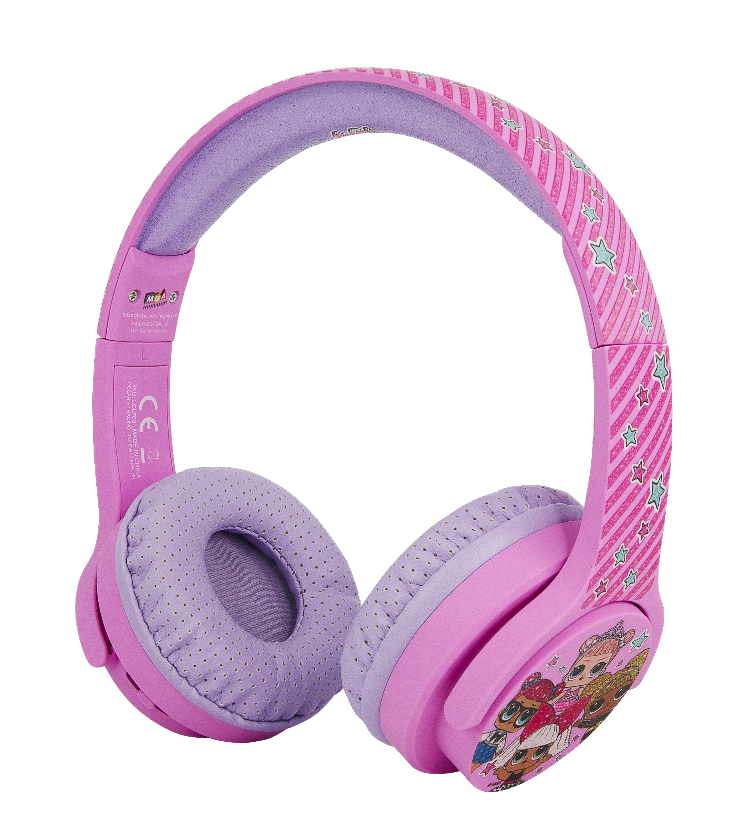 Auriculares rosas para niños con diseño de dibujos animados en las orejeras, sobre fondo blanco.