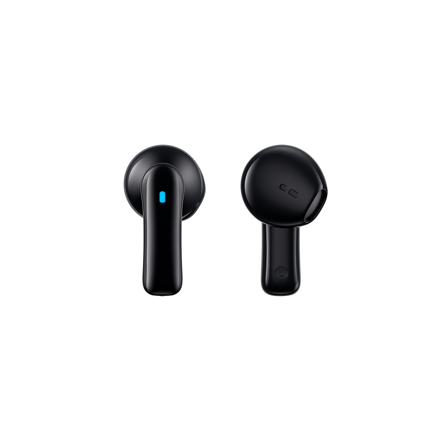 Auriculares inalámbricos negros sobre fondo blanco.