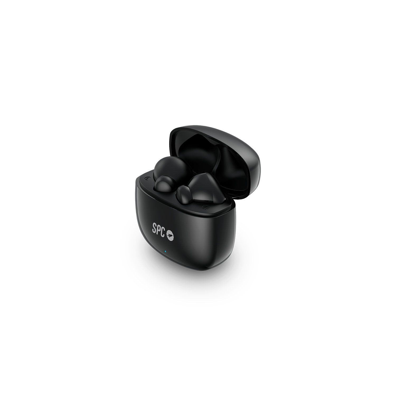Auriculares negros en estuche de carga negro abierto, fondo blanco.
