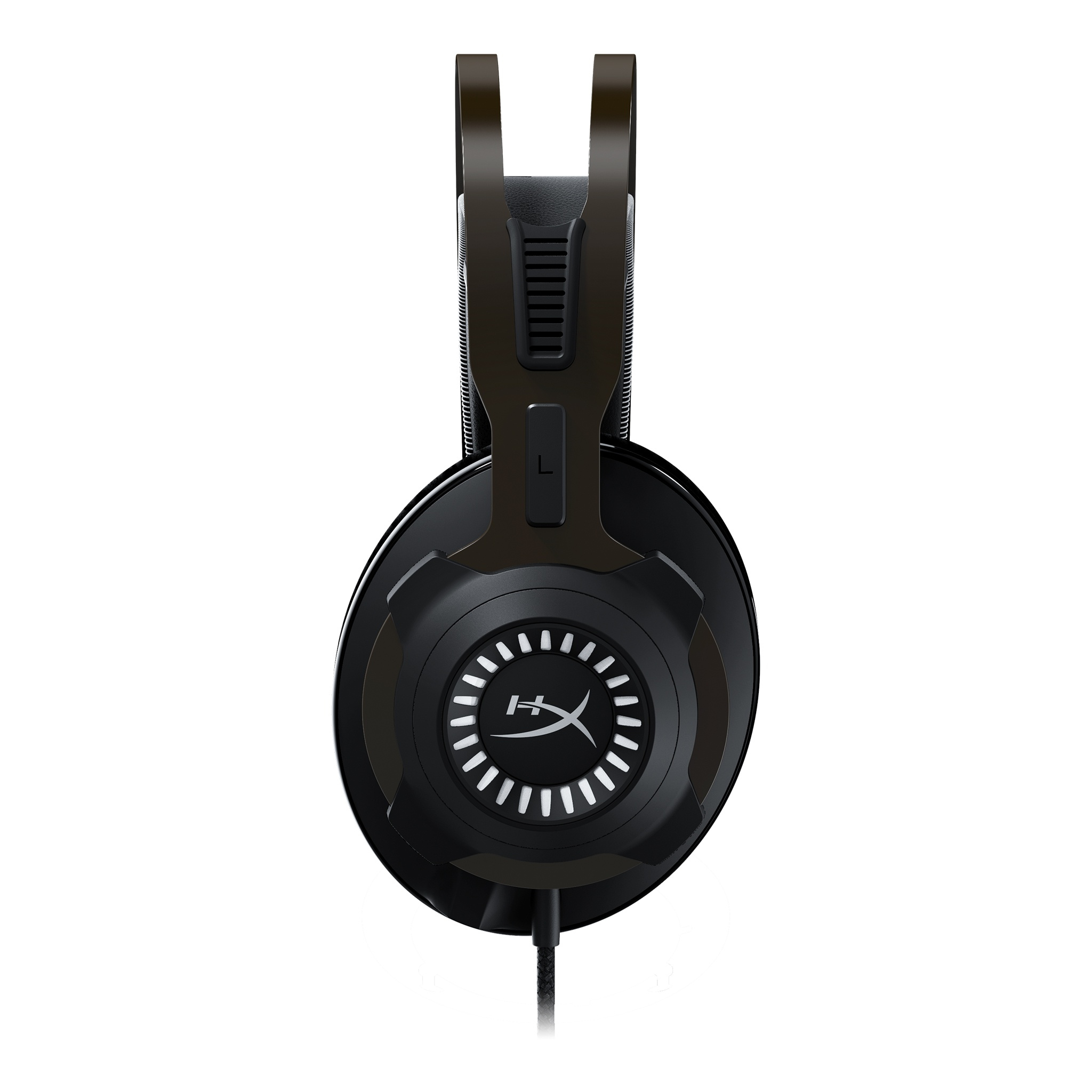 Schwarzes und graues Gaming-Headset. Das Logo ist sichtbar. Weißer Hintergrund.