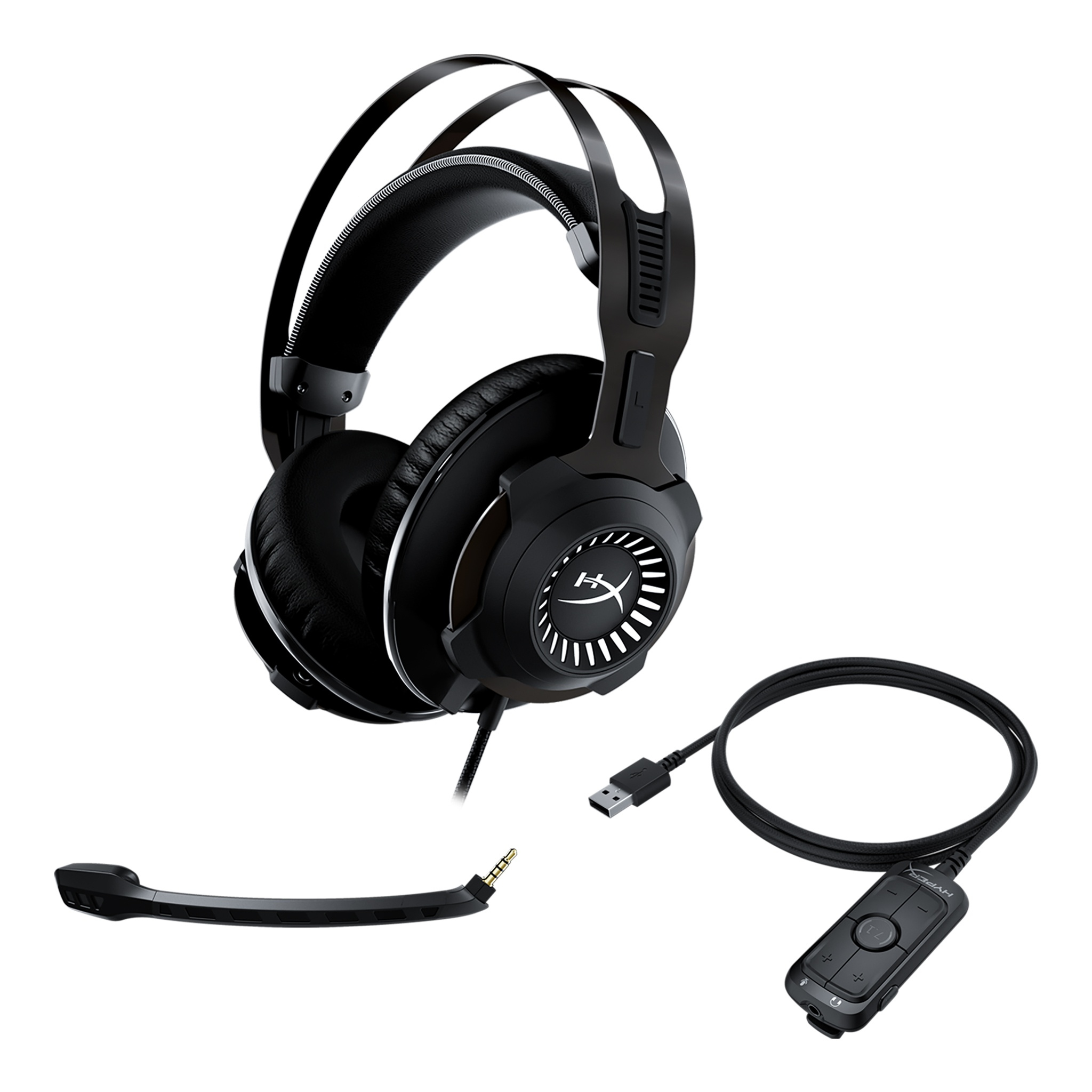 Gaming-Kopfhörer mit abnehmbarem Mikrofon und Bedienfeld, mit USB-Kabel.